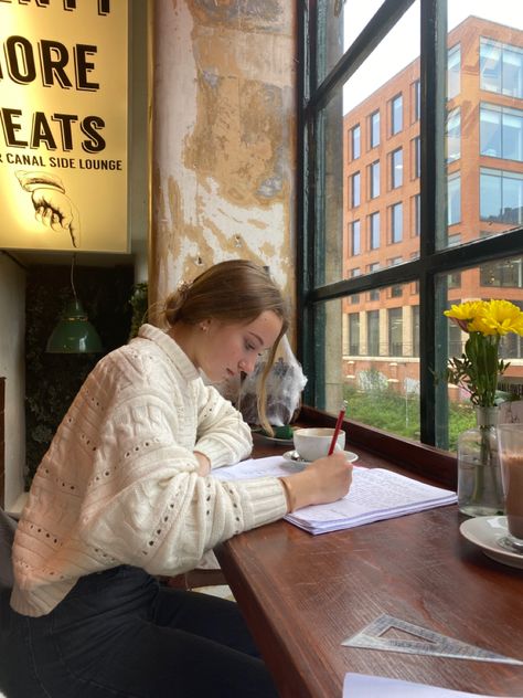 Coffee Shop With Library Aesthetic, Writing In A Coffee Shop, Writing In A Cafe, Studying At A Cafe Aesthetic, Vision Board Coffee, Coffee Shop Studying Aesthetic, Coffee Shop Studying, Coffee Shop Study, Study Coffee Shop