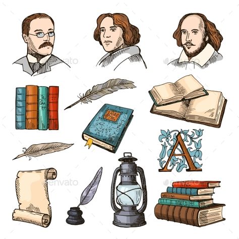 Colored symbols of literature and theatre. Doodle pictures set. Vector literature book, paper and pen, famous writer illustration Literature Drawing Ideas, 21st Century Literature, Doodle Pictures, Feather Graphic, Creative Book Covers, Banner Web, English Major, Creative Books, Book Icons