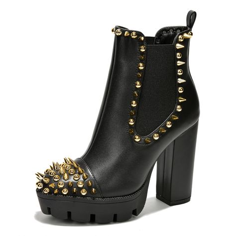 PRICES MAY VARY. SYNTHETIC/LEATHER UPPER SPIKE DETAILING SLIP-ON PULL TAB ON THE BACK HEEL ROUND TOE EDGY, FIERCE, AND STATEMENT IS WHAT THE WOMEN'SJAGGED CHUNKY SPIKED BOOTIES REPRESENT. WHAT ARE YOU WAITING FOR? STEP INTO THE WILD SIDE AND GIVE THESE ON FOR A TRY! Crystal Styling, Heels Trendy, Edgy Fashion Chic, Golden Spike, Pink Nike Shoes, Chelsea Boot Women, Gothic Shoes, Ankle Boots For Women, Studded Heels