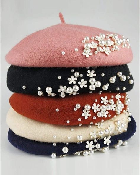 Cute Beret, Fulfillment Center, Pearl Embellishment, Crochet Patterns Free Beginner, Women Hats Fashion, Gloves Pattern, Wool Beret, Wool Berets, Crochet Bracelet