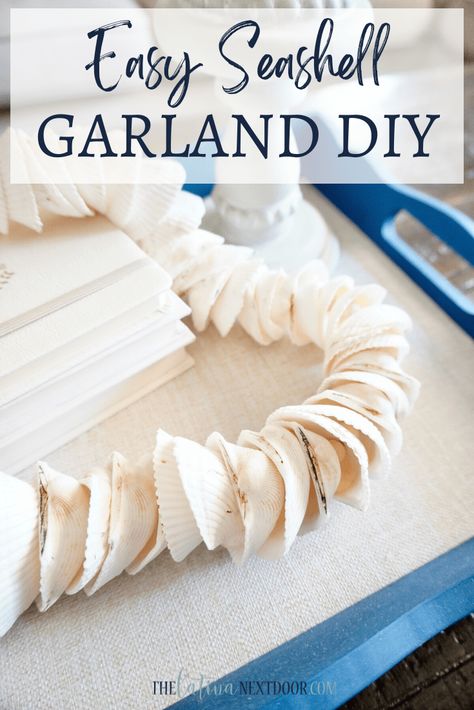 Nautical Garland Diy, Seashell Garland Diy, Sea Shell Garland Diy, Shell Garland Diy, Diy Seashell Crafts, Seashell Garland, Seashell Creations, Seashell Chandelier, Sand Dollar Craft