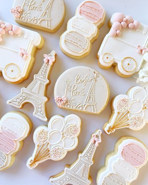 French Themed First Birthday, Bonjour Four Party, Paris Cookies Decorated, Bonjour To Four Birthday, Paris Theme Baby Shower Ideas, Bonjour To Four, Parisian Cookies, French Baby Shower Theme, Paris Baby Shower Theme