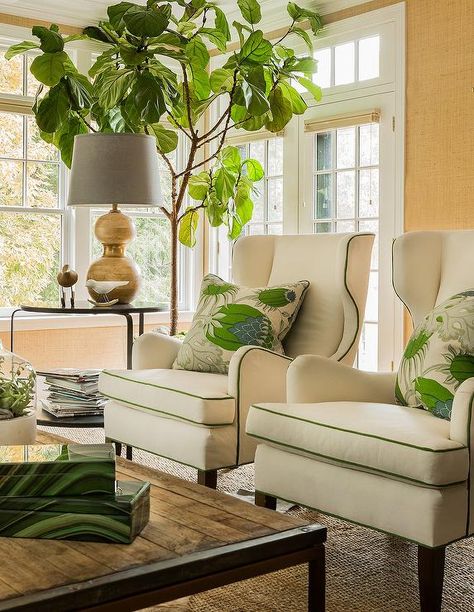 Ivory wingback chairs with green piping Wing Chairs Living Room, Boston Interior Design, Christopher Farr, Wing Chairs, Chairs Living Room, Wingback Chairs, Makeover Bedroom, Vintage Interior Design, Coastal Living Rooms