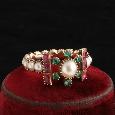 Emerald Ring Design, Ruby Eternity Ring, Antique Ruby Ring, Ruby And Pearl, Irish Wedding Rings, Make Clay Beads, Coloured Stone Rings, Pearl Cluster Ring, Georgian Ring