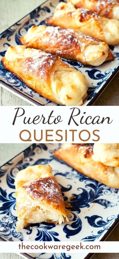 Sweets With Puff Pastry, Easy Puerto Rican Dessert Recipes, Puerto Rican Quesitos, Puerto Rican Pastry Recipes, Puff Pastry Mexican Appetizers, Pastries For Breakfast, Quick Easy Breakfast Pastries, Mallorcas Puerto Rico, Easy Desert With Puff Pastry