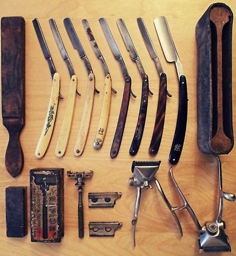 Shears, Razors and straigt edge blades. A Barber's perfect tool kit. Straight Razor Shaving, Vintage Shaving, Vintage Barber, Barber Tools, Close Shave, Moustaches, Shaving Razor, Wet Shaving, Mens Shaving