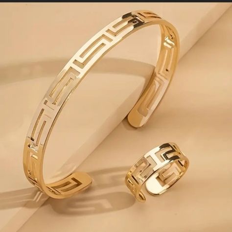 Beautiful Set 14k Gold Plated Over Stainless Steel Open Cuff Bracelet And Adjustable Ring Greek Key Design Classic And Timeless Style Both Pieces Included New #31 Classic Luxury Casual Dressy Work Office Fashion Layer Staple Geometric Geometric Bangle, Open Cuff Bracelet, Bangle Ring, Bangle Bracelet Set, Cuff Bangle Bracelet, Gold Cuffs, Style Minimaliste, Unisex Jewelry, Open Ring