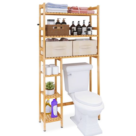 ★ DO'T WASTE SPACE ABOVE the TOILET：Designed to make full use of the blank space above the toilet, this space-saving toilet storage rack give you 6 shelves to hold all your bathroom essentials ★ 6 Tiers, Wider Size offer Ample storage space: The 6 open… Over The Toilet Rack, Space Saving Toilet, Overhead Storage Rack, Over Toilet Storage, Over The Toilet Storage, Toilet Paper Holder Stand, Over The Toilet, Bamboo Shelf, Over Toilet