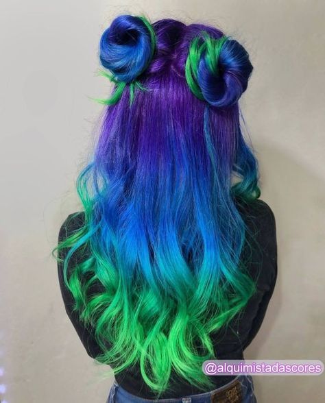 Purple To Green Ombre Hair, Green Blue Ombre Hair, Green Multicolor Hair, Green Vivid Hair Color, Pink Purple Blue Green Hair, Purple Pink Green Hair, Purple To Green Hair, Purple Green Blue Hair, Blue Multicolor Hair