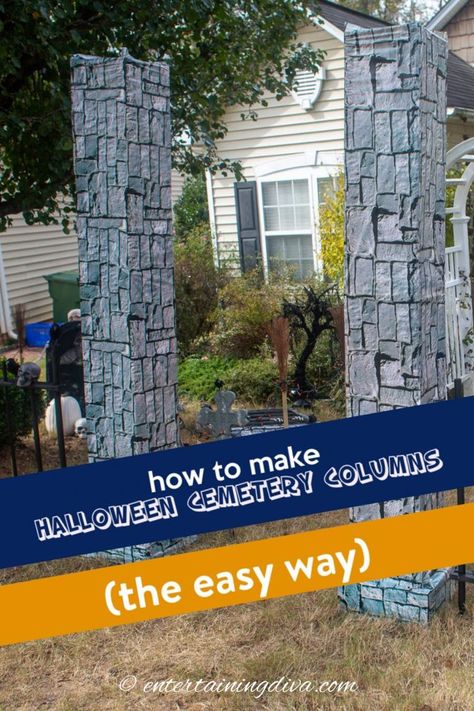 How To Make DIY Halloween Cemetery Pillars (The Easy Way) | Halloween Outdoor Decorations Cemetery Pillars, Diy Halloween Cemetery, Graveyard Entrance, Diy Cemetery, Diy Halloween Graveyard, Cemetery Fence, Pillar Decor, Halloween Fence, Pillar Decorations