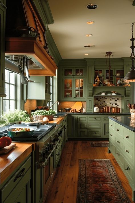 41+ Green Kitchen Ideas [Sage, Olive & More] Sage Green Kitchen, Green Kitchen Cabinets, Victorian Kitchen, Farmhouse Kitchens, Green Cabinets, Dark Kitchen Cabinets, Living Room Green, Dream House Interior, Green Kitchen