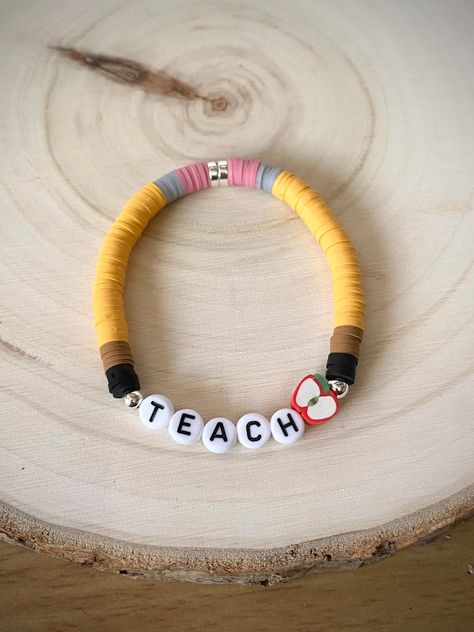 Teacher Bead Bracelet, Teacher Clay Bracelet, Teach Clay Bead Bracelet, Teacher Aide Appreciation Gifts, Teacher Heishi Bracelet, Teacher Clay Bead Bracelet, Clay Bracelets Diy, Bracelet For Teacher, Heishi Bracelet Ideas