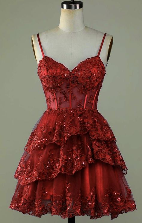 Red Poofy Dresses Short, Red 8th Grade Formal Dresses, Carnival Hoco Dress, Dark Red Dama Dresses, Red Dress Short Aesthetic, Red And Gold Dama Dresses, Red Quince Dama Dresses, Red Dama Dresses, Dark Red Homecoming Dresses