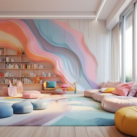 Kids Playroom Ideas Colorful, Pastel Playroom Ideas, Pastel Rainbow Room, Whimsical Playroom, Pink Playroom, Pastel Playroom, Pastel Interior Design, Pastel Interior, Kids Room Interior Design