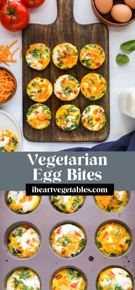 These delicious vegetarian egg bites are a great make-ahead breakfast! You can prepare a batch of these and reheat them in the microwave for a quick morning meal or high-protein snack! Non Dairy Egg Bites, Egg Bites With Veggies, Egg Bites Veggie, Healthy Egg Bites Recipe, Egg Bites Vegetarian, Make Ahead Vegetarian Breakfast, Vegetarian Egg Bites, Make Ahead Egg Bites, Veggie Egg Bites