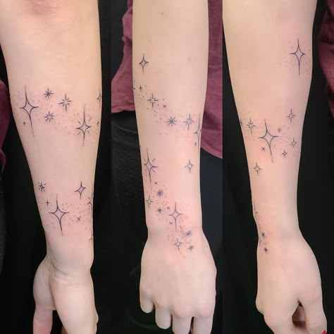 Filler Tattoo Stars, Sparkle Wrap Tattoo, Star Background Tattoo, Stars Around Wrist Tattoo, Stars Half Sleeve Tattoo, Stars Around Tattoo, Arm Stars Tattoo, Stars Around Knee Tattoo, Sparkle Tattoo Sleeve Filler