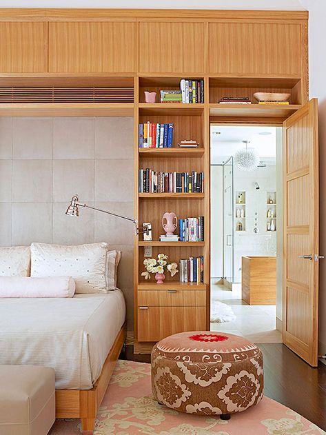 Bedroom Storage Bedroom Ideas With Shelves, Bedroom Wall Storage, Bed Side Storage, Neutral Color Bedroom, Sleek Bedroom, Contemporary Style Bedroom, Doggy Door, Modern Decorating, Bedroom Built Ins