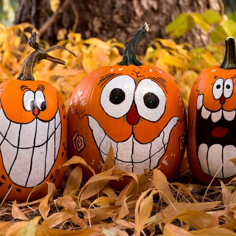 face Pumpkins Faces, Pumpkin Rocks, Pumpkin Designs Painted, Fall Rocks, Labu Halloween, Pumpkin Face Paint, Train Pumpkin, Paint Pumpkins, Gourd Crafts