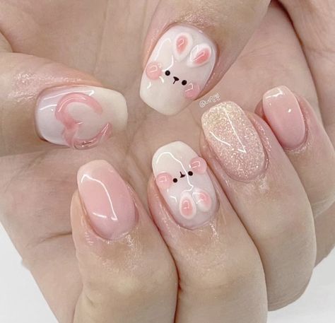 Cute Bunny Nail Designs, Nail Bunny Design, Kawaii Nail Art Designs, Short Bunny Nails, Nails Bunny Design, Cute Bunny Nail Art, Cute Japanese Nail Art, Japanese Nail Designs Simple, Pink Bunny Nails