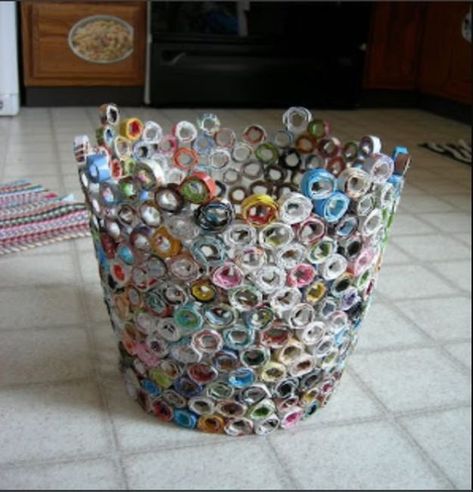 DIY Trash Cans - DIY Recycled Magazine Trash Can - Easy Do It Yourself Projects to Make Cute, Decorative Trash Cans for Bathroom, Kitchen and Bedroom - Trash Can Makeover, Hidden Kitchen Storage With Pull Out Cabinet - Lids, Liners and Painted Decor Ideas for Updating the Bin #diykitchen #diybath #trashcans #diy #diyideas #diyjoy http://diyjoy.com/diy-trash-cans Magazine Bowl, Recycled Paper Crafts, Recycled Magazine, Recycled Magazines, Magazine Crafts, Newspaper Crafts, Ways To Recycle, Diy Basket, Paper Basket