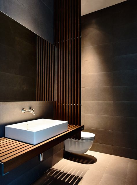 Super clean vanity to partition connection. Its too dark, but we can lighten it up and do something similar.  Greenbank Park / HYLA Architects Drømme Bad, Bilik Air, Toilet Sink, Bad Inspiration, Interior Minimalista, Toilet Design, Amazing Buildings, Hus Inspiration, Bad Design