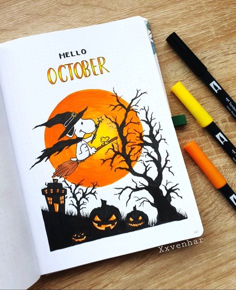 Venhar 🎨🖌 on Instagram: “Hello 🎃🍂🍁 This is my OCTOBER COVER PAGE of 2021 🥰 The month is going to be 'Snoopy/ The Peanuts/ Halloween' themed 🎃🍁🍂 i loved the peanuts…” Bullet Journal Ideas Pages Inspiration, October Cover Page, Bullet Journal Tracking, Bullet Journal Month, Peanuts Halloween, Bullet Journal Ideas Templates, Bullet Journal Cover Ideas, Hello October, The Peanuts