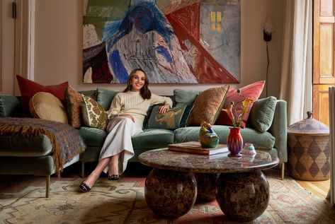 Chloe Fineman, Modern Spanish Style, Trendy Sofas, Moore House, Village Home, Velvet Couch, Pink Sofa, West Village, Snl