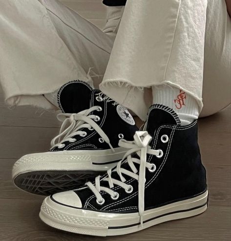 Black Converse Aesthetic, High Cut Shoes, Sneaker Ideas, Converse 70s, Converse Aesthetic, Black And White Converse, Black Chucks, Vintage Socks, Shoes Converse