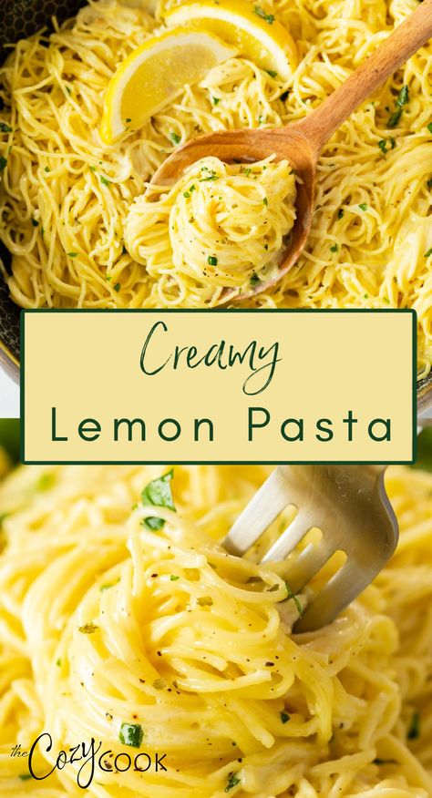 top is creamy lemon pasta on a wooden spoon. Bottom is a plate full of creamy lemon pasta with a silver fork Meatless Spaghetti, Creamy Lemon Pasta, Resep Oatmeal, Lemon Pasta Recipes, Cozy Cook, Lemon Spaghetti, Meatless Meal, Easy Pasta Dinner, Chicken Shrimp