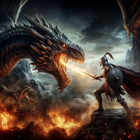 Epic Dragon vs. Knight Clash 🐉⚔️ AI generated Step into a legendary showdown between a mighty dragon and a fearless knight! These AI-generated images capture the intense battle of fire and steel, where fantasy becomes reality. Witness the power, courage, and magic of this epic confrontation! #epicbattle #dragon #knight #fantasyart #aigenerated #dragonslayer #medieval #fantasyworld #fantasydragon #battle #mythicalcreatures #digitalart #knightlife #epicfantasy #adventure #alexvv Dragon And Knight, Dragon Vs Knight, Knight Vs Dragon Art, Dragon Battle Art, Knight Pictures Medieval, Midevil Battle Scene, Dark Medieval Knight Art, Dragon Slayer, Fantasy Dragon