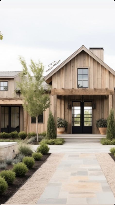 Multi Material House Exterior, Mountain Home Exterior Ranch Style, Barnwood Exterior Siding, Cedar Wood House Exterior, Natural Board And Batten Siding, Batten Board Exterior Modern Farmhouse, Dark Wood Exterior House, Rustic Modern Ranch House Exterior, Modern Rustic Front Porch