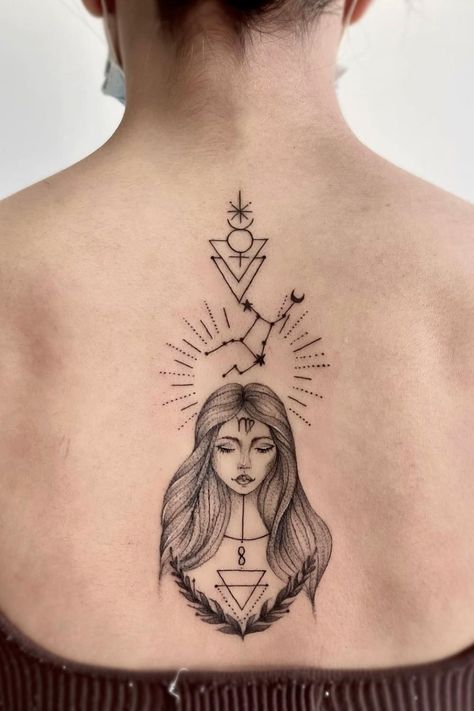 Top 19 Virgo Tattoo Design Ideas Virgo Zodiac Sign Tattoo Design, Virgo Maiden Tattoo Designs, Virgo Chest Tattoo Female, Virgo Warrior Tattoo, Virgo Back Tattoo, Virgo Tattoo Designs For Men, Virgo Maiden Tattoo, Tattoo Ideas Virgo, Virgo Tattoo Designs For Women