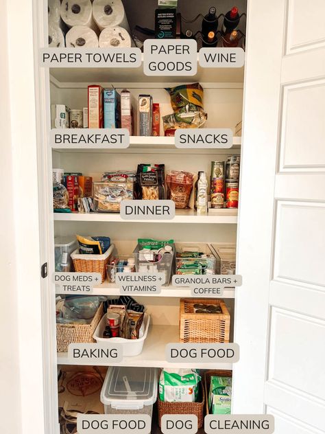 Organize Tiny Pantry, Small Pantry And Cleaning Closet, Top Shelf Pantry Organization, Shallow Pantry Shelving Ideas, Open Shelving Pantry Organization, 4 Shelf Pantry Organization, Pantry Organization Without Containers, Reach In Pantry Organization Ideas, Pantry Deep Shelves Organization