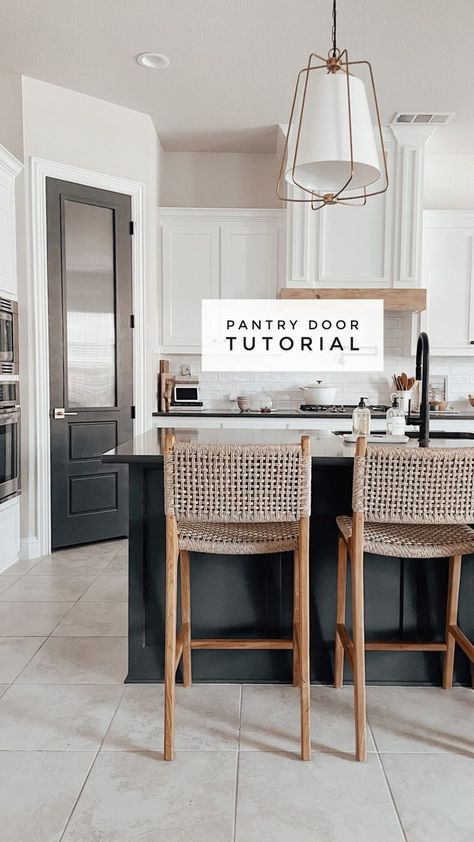 TUTORIAL // Today I’m sharing how we converted our boring pantry door to this gorgeous masterpiece. I still can’t get enough of it! It was so easy. Just be sure to paint both the front and back of the trim pieces on the first go around 😅 . . . . . #diyhomeimprovement #pantrygoals #kitcheninterior #beforeandafterhomeedition #beautifuldecorstyles #lovelydecorhomes #mynaturalabode #homestylingideas #myhyggehome #smpliving #whiteinteriors #homedecorblogger #interiorsofinstagram #homebody #homewithr Painting Pantry Door, Pantry Door Makeover, Painted Pantry Doors, Painted Pantry, Kitchen Pantry Doors, Diy Pantry, Dark Kitchen, Pantry Door, Door Makeover