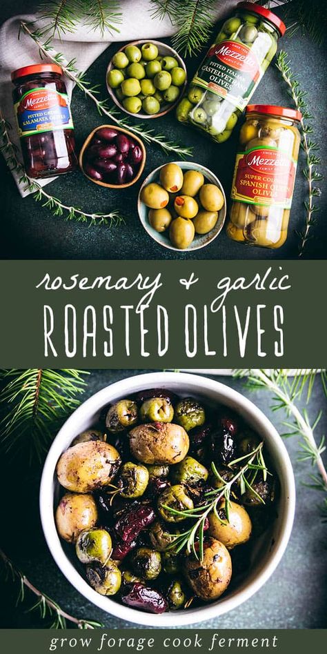 Olives make the perfect appetizer and I'm always looking for ways to make them fancier. This recipe for roasted olives with rosemary and garlic does exactly that! Made with a variety of olives and a few simple ingredients you probably already have on hand, these roasted olives will be loved by everyone! Roasted Olives Appetizer, Warm Olives, Black Olives Recipes, Olive Snack, Baked Olives, Olive Appetizer, Roasted Olives, Season Recipes, Charcuterie Ideas