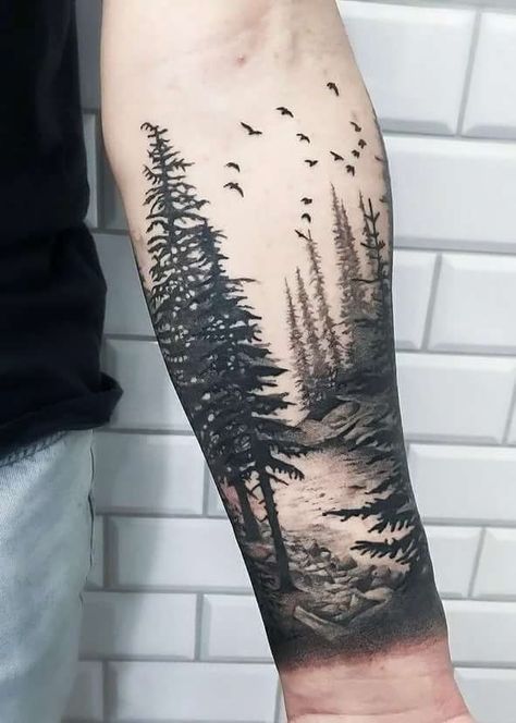 Wilderness Tattoo Sleeve, Mountain Sleeve Tattoo, Forest Tattoo Sleeve, Natur Tattoo Arm, Wilderness Tattoo, Tree Sleeve Tattoo, Half Sleeve Tattoos Forearm, Tattoo Sleeve Ideas, Nature Tattoo Sleeve