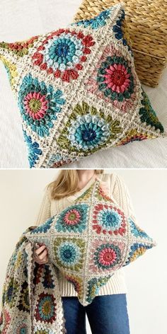 Cute and Cozy Crochet Pillows. Hygge (pronounced "Hue-guh") is a Scandinavian word that means "cozy, happy, special, warm, and nice." It can be used as a noun, a verb, or an adjective! This pillow embodies all of the warmth, coziness, and happiness that a crochet pillow can provide. The classic sunburst granny square is used to make this pattern. #freecrochetpattern #pillow #cushion Granny Square Throw Pillow, Crochet Fun Pillow Pattern Free, Crochet Pillow Cover Pattern Free Granny Squares, Granny Square Pillow Pattern Free, Crochet Pillow Case Pattern Free, Granny Square Pillow Case, Crochet Pillow Cover Pattern, Crochet Pillow Case Pattern, Crochet Pillow Case