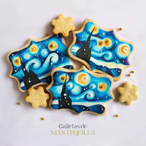 Starry Night Cookies Decorated, Van Gogh Cupcakes, Starry Night Cookies, Chocolate Birthday Cake Decoration, Van Gogh Landscapes, 20th Birthday Party, Ice Cake, Amazing Food Art, Spring Tea