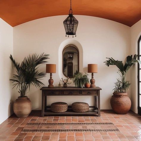 Moorish Decor Interior Design, Organic Mexican Modern, Hacienda Style Bathroom Mexico, Spanish Modern Entryway, Spanish Home Entryway, Minimalist Spanish Interior, Modern Mediterranean Entryway, Hacienda Style Home Decor, Spanish Style Decorating Ideas