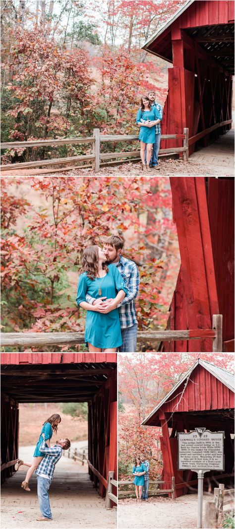 Campbells Covered Bridge Photos, Covered Bridge Photo, Fall Couple Pictures, Engagement Photo Props, Engagement Announcement Photos, Fall Couple, Bridge Photography, Outdoor Couple, Outdoor Engagement Photos