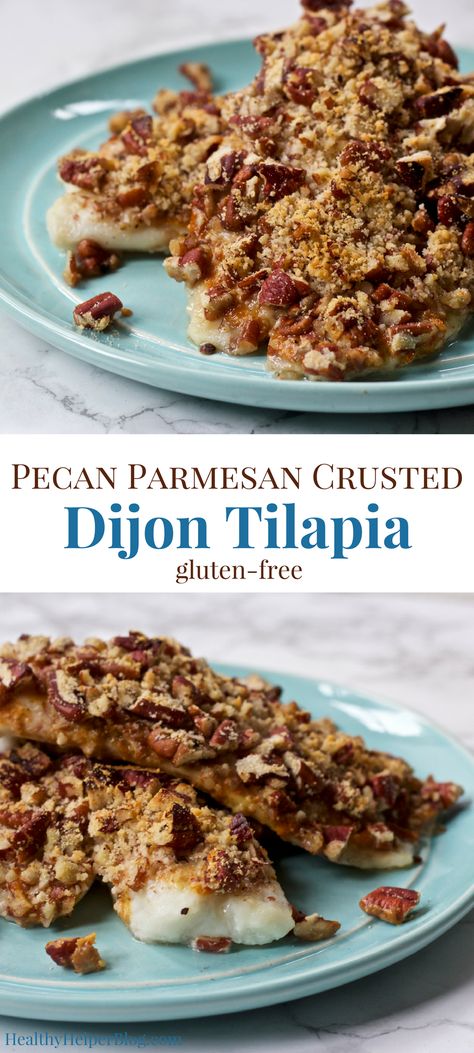 Pecan Parmesan Crusted Dijon Tilapia | Healthy Helper @Healthy_Helper Crunchy pecans combine with savory cheese to create a delicious topping for flavorful tilapia fillets! This main dish is perfect for a quick, healthy weeknight meal and will impress even non-seafood lovers! Tilapia Healthy, Pecan Crusted Tilapia, Seafood Recipes For Dinner, Tilapia Parmesan, Savory Cheese, Seafood Recipes Healthy, Tilapia Recipes, Healthy Weeknight Meals, Healthiest Seafood