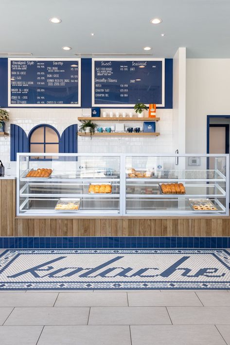 restaurant design DFW Kolache Shoppe Celina Texas floor mural Blue Coffee Shop, Greece Cafe, Bakery Interior Design, Celina Texas, Bakery Interior, Bakery Design Interior, Floor Murals, Bakery Design, Deco Blue