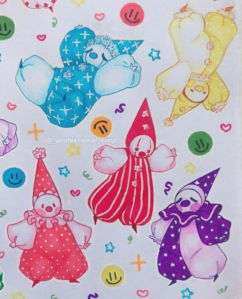 Cute Clown Background, Creepy Cute Monsters, Clown Circus Illustration, Tiny Clown Drawing, Clown Drawings Cute, Cute Clown Doodle, Silly Clown Drawing, Cartoon Clown Drawing, Clown Core Drawing