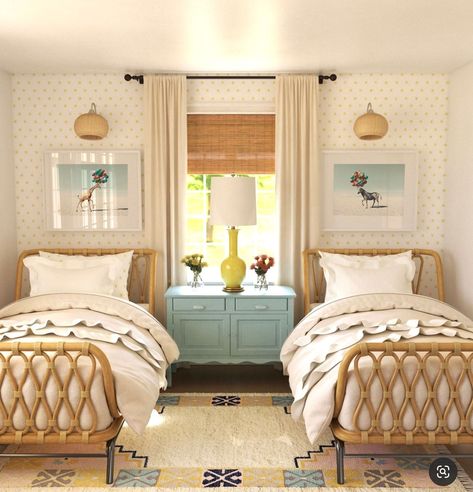 How to Get a Collected Look in a Twin Bedroom - Cindy Hattersley Design Beach Twin Bedroom Ideas, Bedroom Ideas 2 Beds, Nursery With Guest Bed, Twin Bedroom Decor, Twin Ideas, Small Guest Bedroom Ideas, Twin Beds Guest Room, Twin Girl Bedrooms, Sister Bedroom