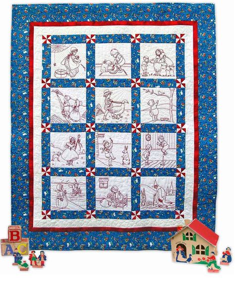 Perfect for ironing on quilt blocks to embroidery or the classic white kitchen tea towels! Nursery Rhyme Block motifs can be embroidered or for added dimension they can be embroidered onto felt and then appliqued on. Stitching the classic stories has never been more fun than with this set of blocks made into a child’s quilt. This redwork quilt size is 46″x 57″ with 8″ blocks and includes iron on transfers for the stitchery blocks. Iron-on transfers are good for two or more transfers each. When t History Of Quilting, Modern Folk, Iron On Embroidery, Quilt Care, Redwork Embroidery, Embroidered Quilts, Embroidery Transfers, Folk Embroidery, Panel Quilts