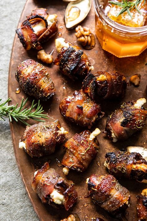 New York Appetizers, Savory Donut Ideas, Alcohol Baking Recipes, Stuffed Bacon Wrapped Dates, Dates With Goat Cheese, Rosemary Honey, Nye Dinner, Wrapped Dates, Thanksgiving Appetizer