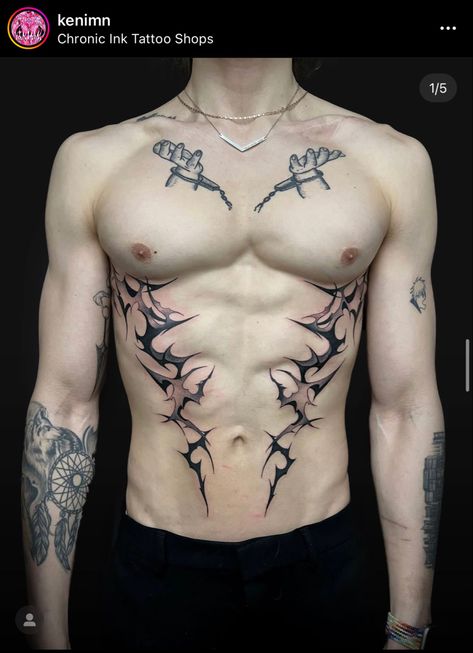 Mens Ab Tattoos, Edgy Chest Tattoos, Groin Tattoos Men, Male Hip Tattoo, Men Tattoo Ideas Back, Womb Tattoo Men, Incubus Tattoo Male, Tramp Stamp Tattoos Men, Tattoo Cotes