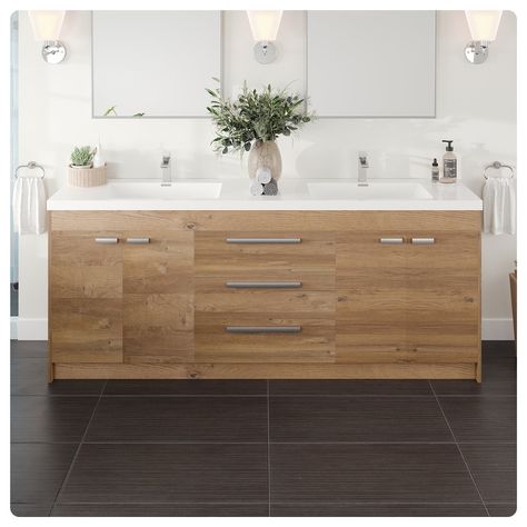 Eviva Lugano 84"W x 20"D Natural Oak Double Sink Bathroom Vanity with White Acrylic Countertop and Integrated Sinks - On Sale - Bed Bath & Beyond - 40987203 Double Sink Bathroom Ideas Modern, Long Bathroom Vanity, 60 Inch Vanity Double Sink, Modern Vanity Design, Double Sink Bathroom Ideas, 72” Bathroom Vanity, Bathroom Vanity Double Sink, 60 Inch Vanity, Acrylic Countertop