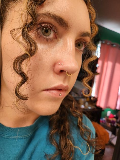 Quadruple Nose Piercing, Double Nose Stud Piercing, Double Ashley Piercing, Septum With Double Nose Piercing, Double Nose And Septum Piercing, 3 Nose Piercings Combo, Double Nostril And Septum Piercing, Double Nose Piercing With Septum, Ashley Lip Piercing