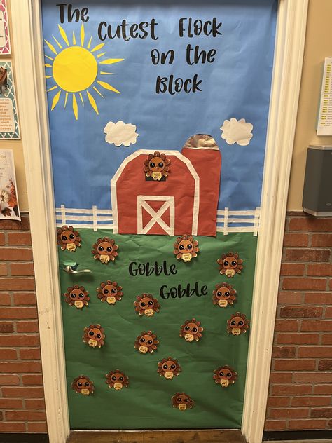 Fall Door Art Classroom, Fall Infant Room Door Ideas, Classroom Door Thanksgiving Ideas, Thanksgiving Themed Classroom Door, November Daycare Door Ideas, Fall Infant Room Decorations, Fall Classroom Themes Preschool, November Door Decorations Classroom Preschool, Turkey Classroom Decorations